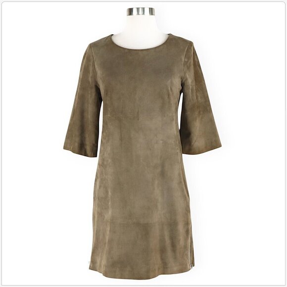 Eleventy Italian 100% Suede Leather Dress 3/4 Sleeve Zipper Trim Mini Size 42 - Picture 2 of 7